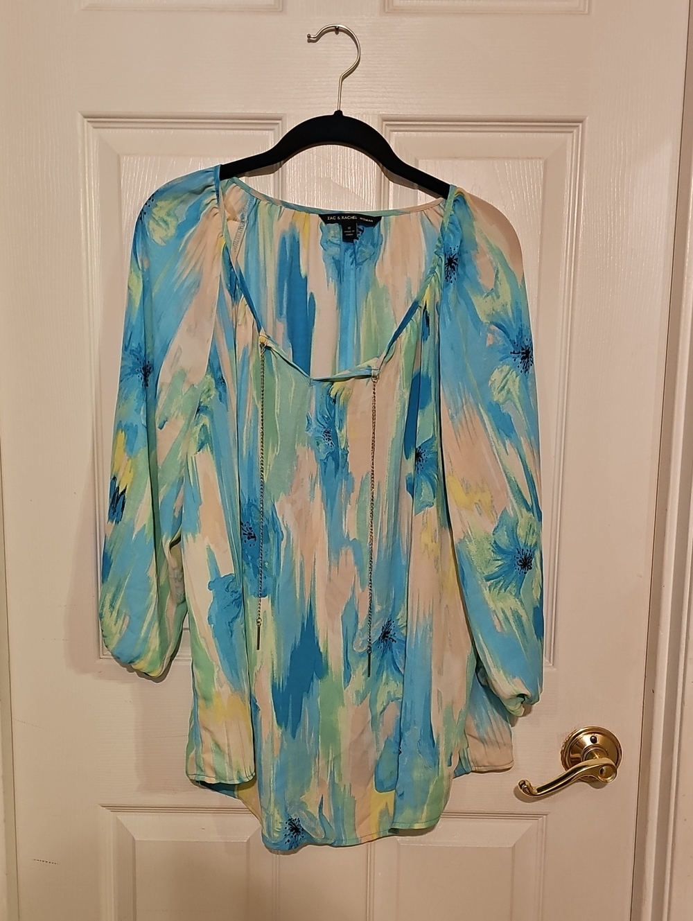 Zac & Rachel Woman Aqua Blue Floral Peasant Top